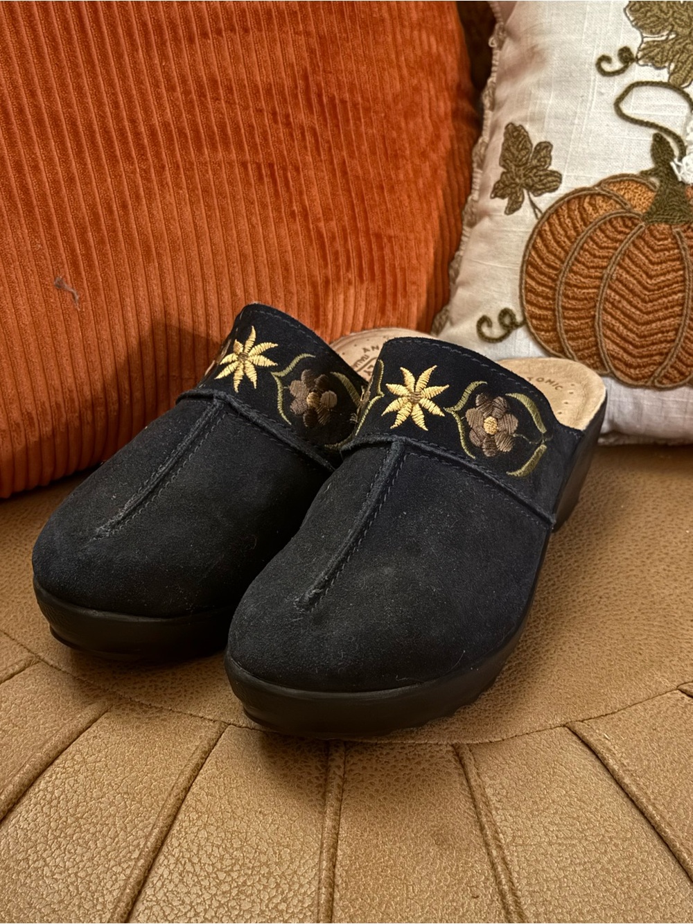 Women’s Fly Flot Embroidered Suede Clogs Mules - Navy Blue, Size 39 (8)